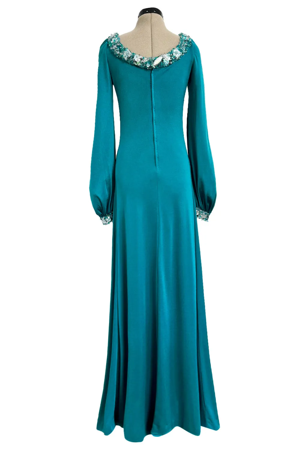 Spring 1971 Loris Azzaro Turquoise Silk Jersey Dress w Dense Bead & Pailettes Embellishments