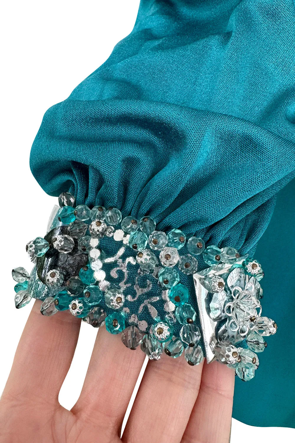 Spring 1971 Loris Azzaro Turquoise Silk Jersey Dress w Dense Bead & Pailettes Embellishments