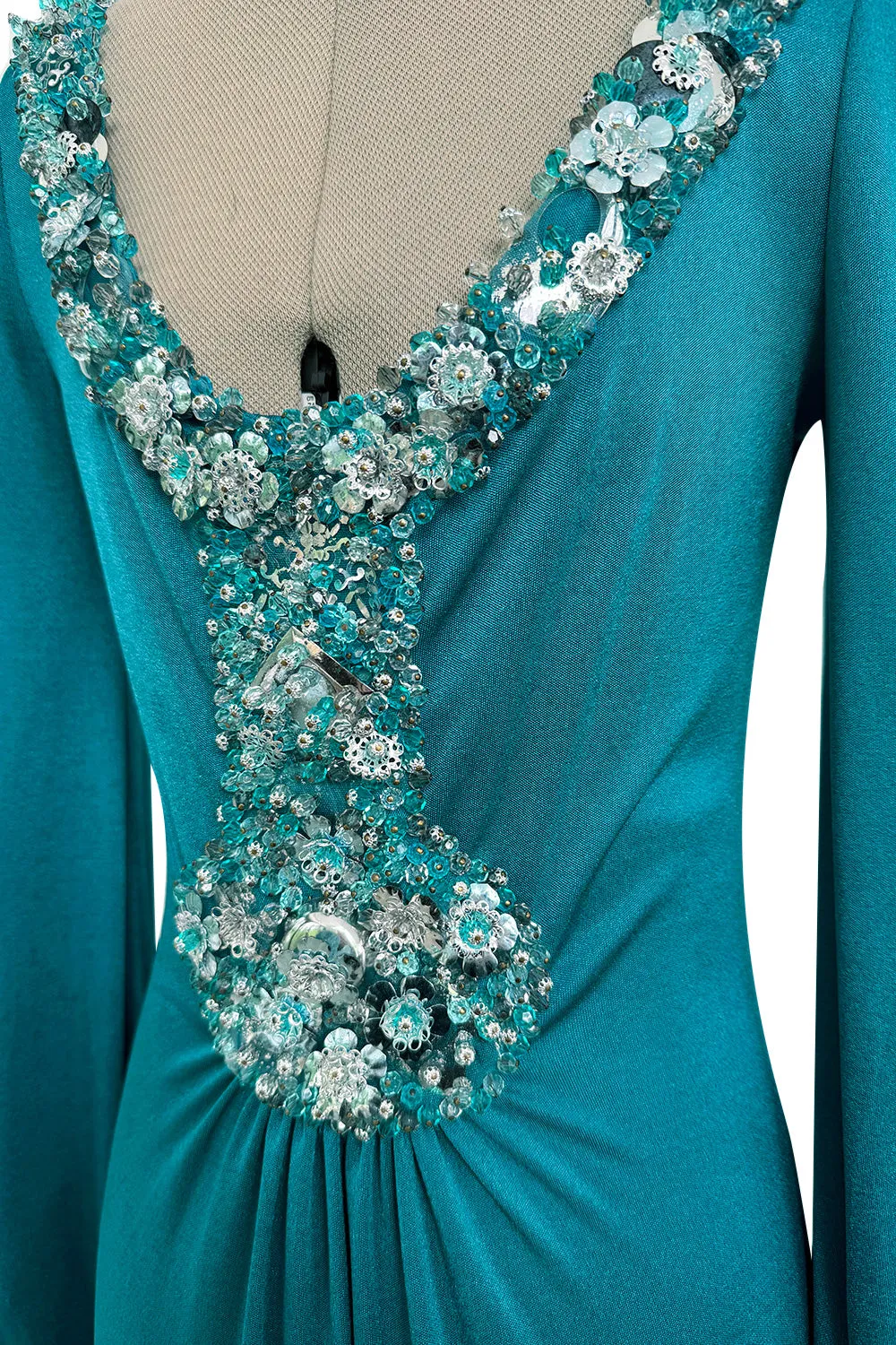 Spring 1971 Loris Azzaro Turquoise Silk Jersey Dress w Dense Bead & Pailettes Embellishments