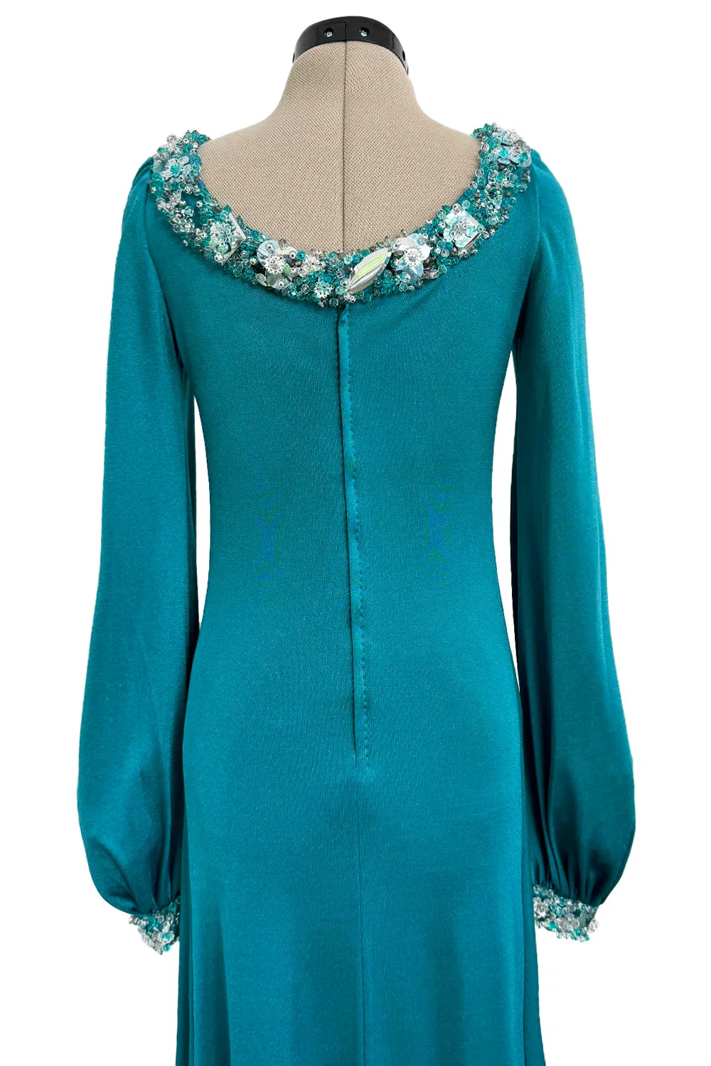 Spring 1971 Loris Azzaro Turquoise Silk Jersey Dress w Dense Bead & Pailettes Embellishments