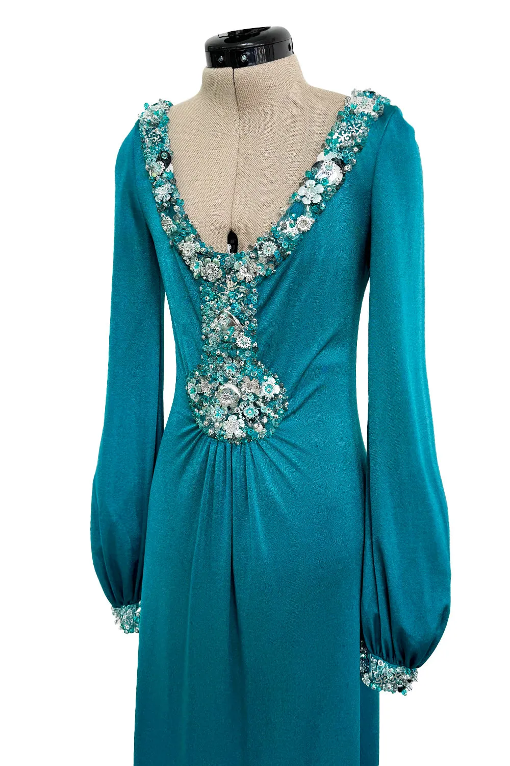 Spring 1971 Loris Azzaro Turquoise Silk Jersey Dress w Dense Bead & Pailettes Embellishments