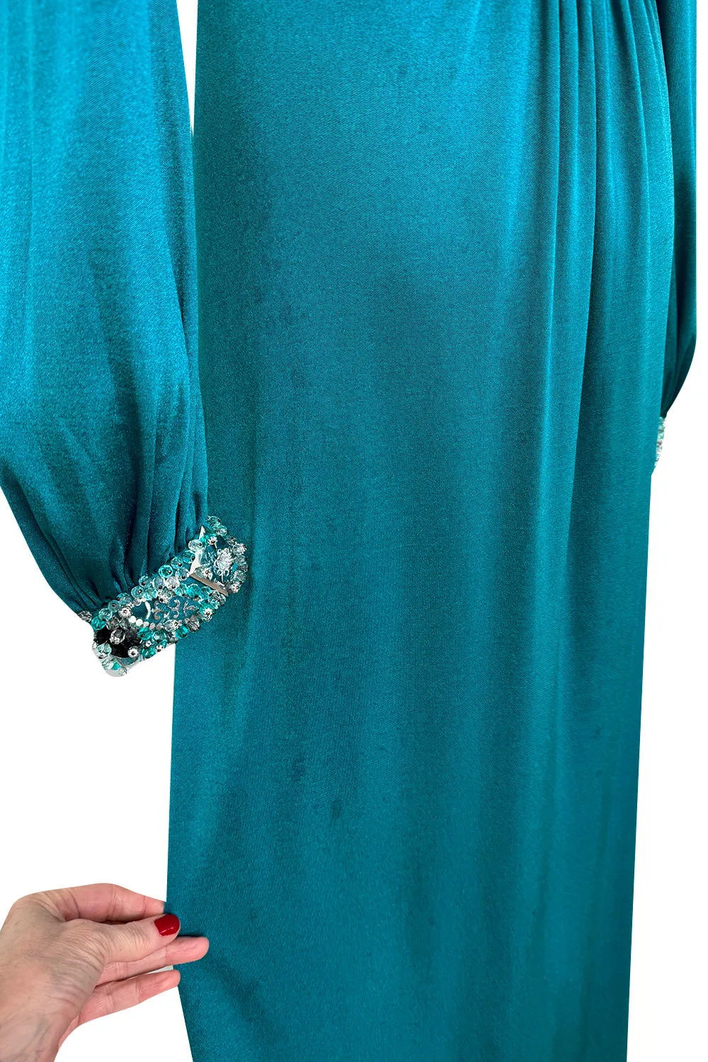 Spring 1971 Loris Azzaro Turquoise Silk Jersey Dress w Dense Bead & Pailettes Embellishments