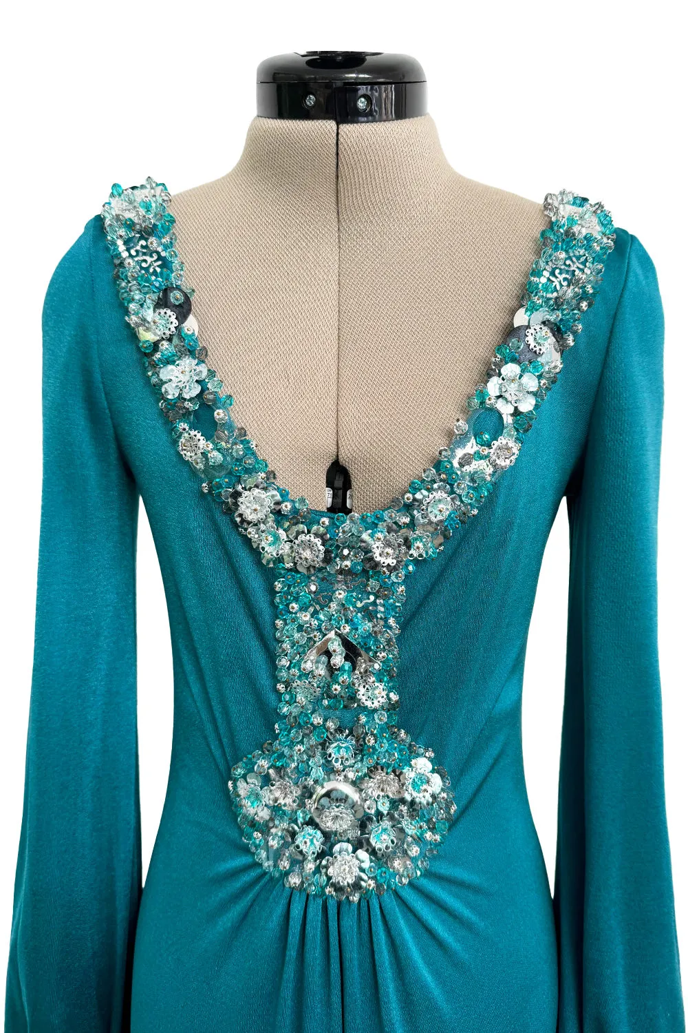 Spring 1971 Loris Azzaro Turquoise Silk Jersey Dress w Dense Bead & Pailettes Embellishments