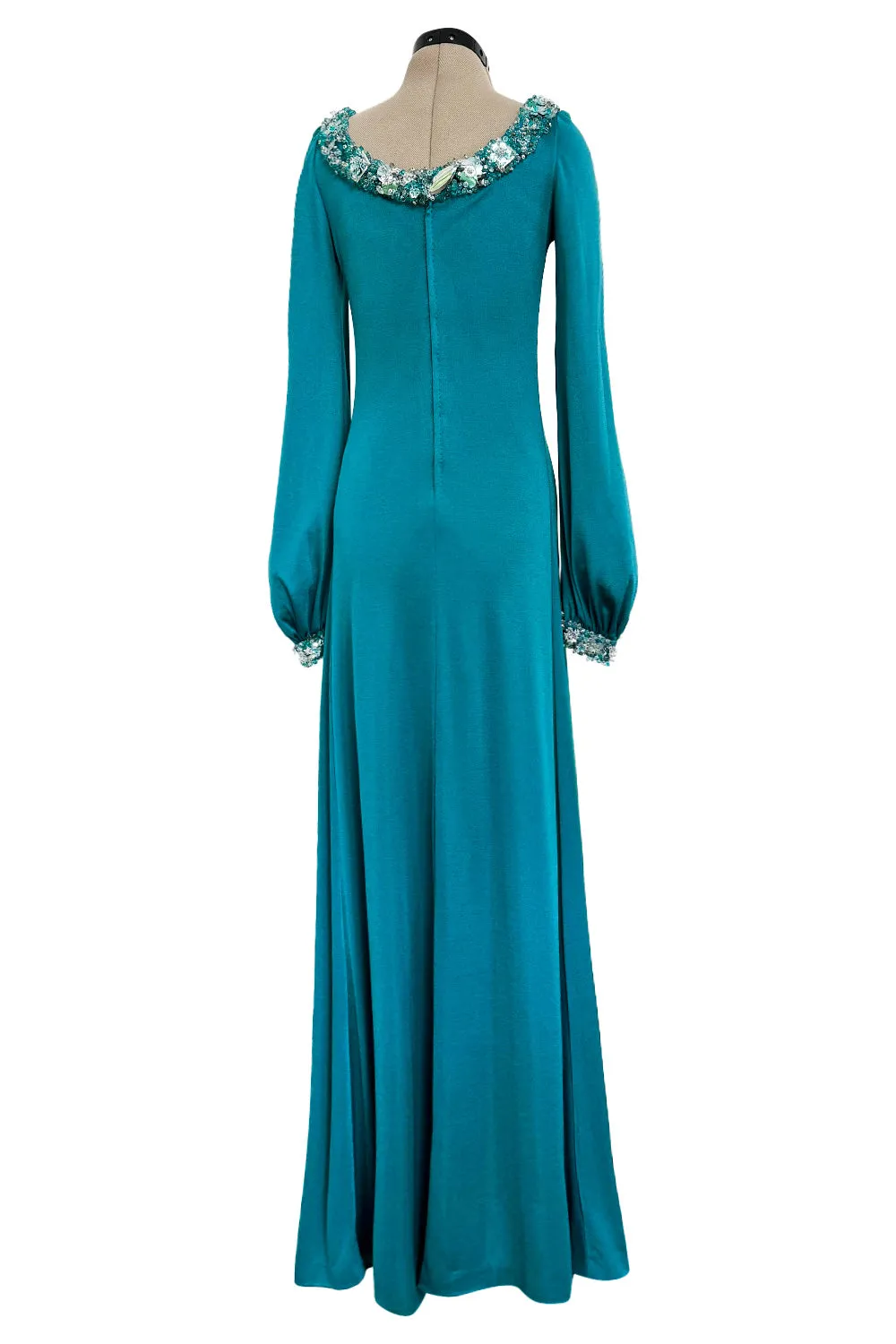 Spring 1971 Loris Azzaro Turquoise Silk Jersey Dress w Dense Bead & Pailettes Embellishments