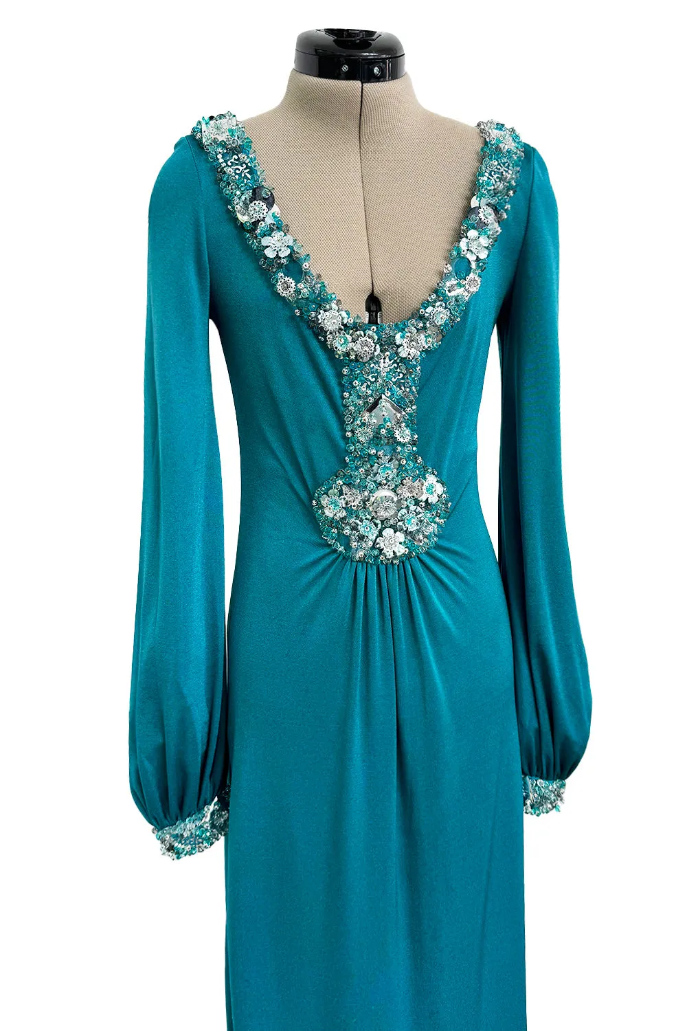 Spring 1971 Loris Azzaro Turquoise Silk Jersey Dress w Dense Bead & Pailettes Embellishments