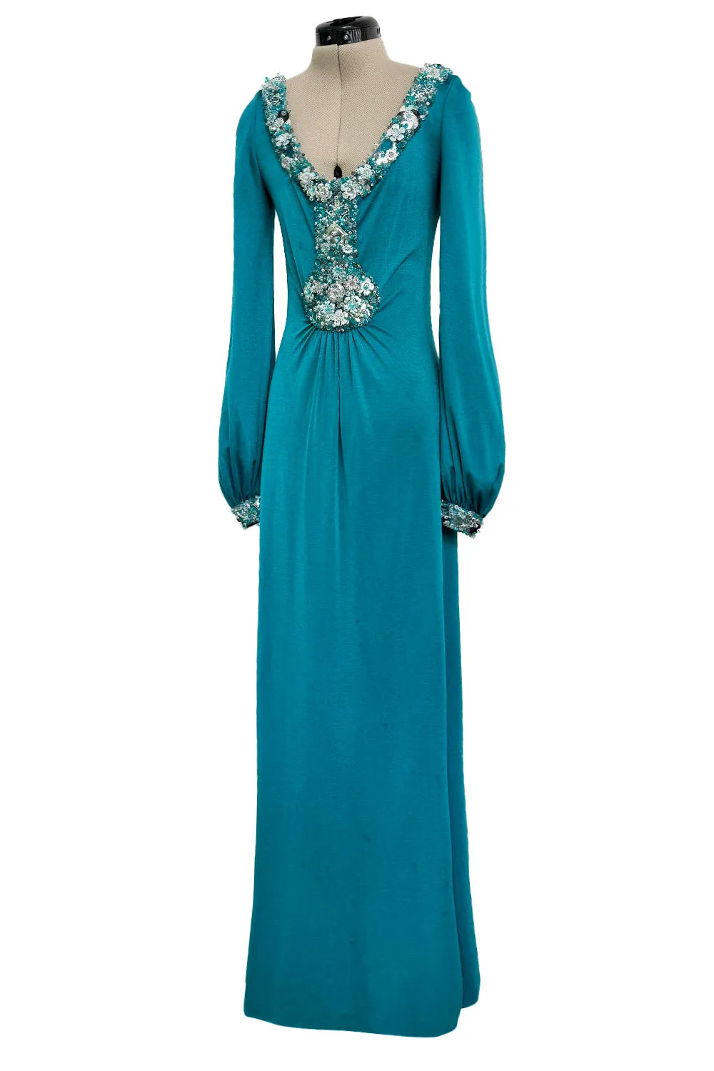 Spring 1971 Loris Azzaro Turquoise Silk Jersey Dress w Dense Bead & Pailettes Embellishments