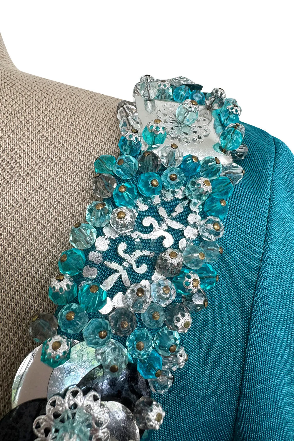Spring 1971 Loris Azzaro Turquoise Silk Jersey Dress w Dense Bead & Pailettes Embellishments