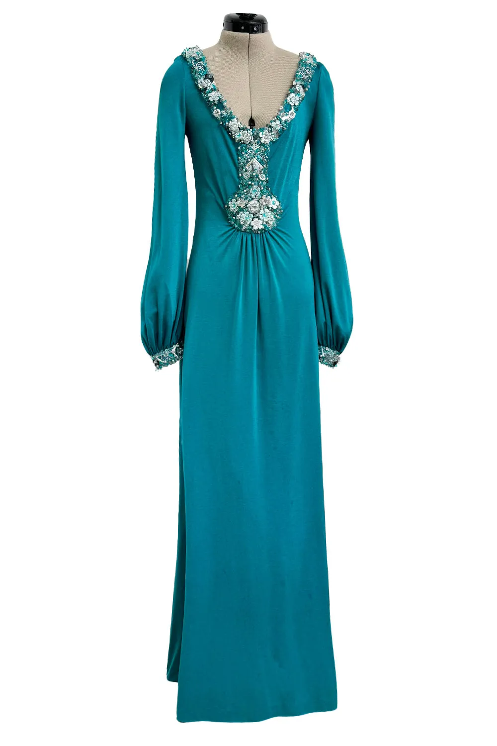 Spring 1971 Loris Azzaro Turquoise Silk Jersey Dress w Dense Bead & Pailettes Embellishments