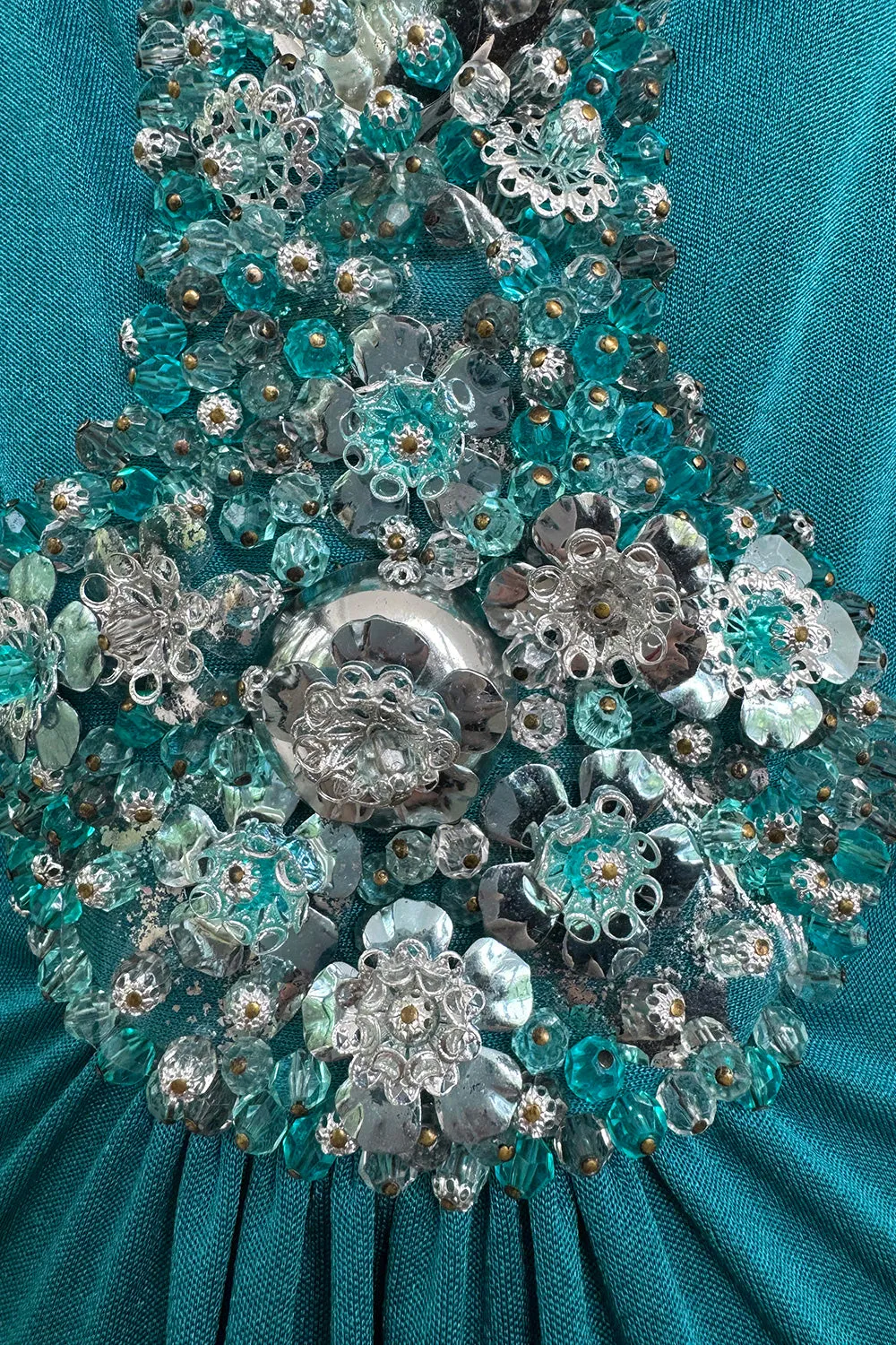 Spring 1971 Loris Azzaro Turquoise Silk Jersey Dress w Dense Bead & Pailettes Embellishments
