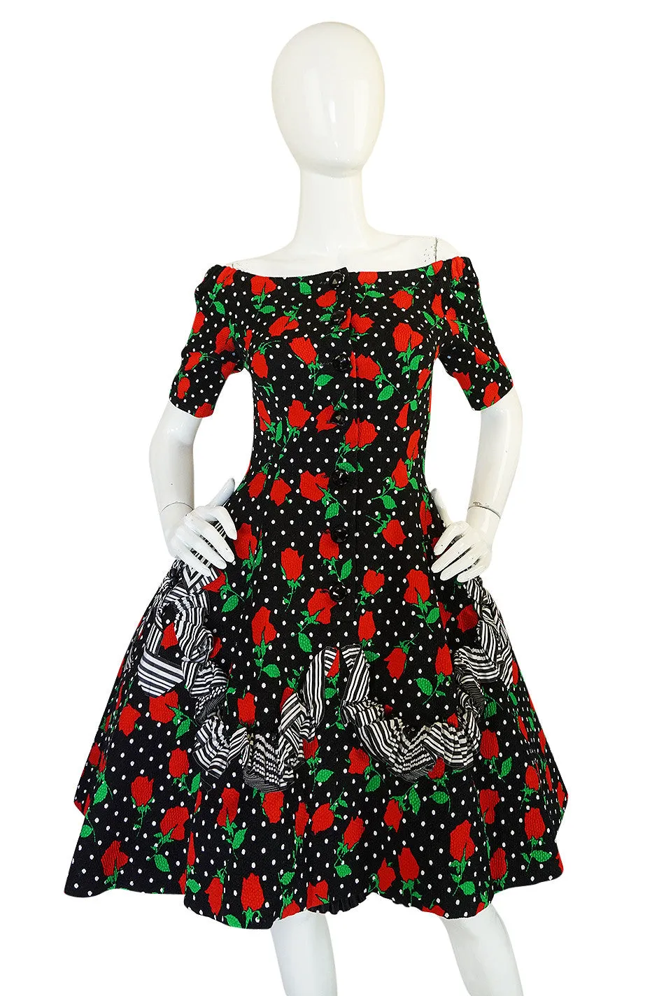 Spring 1988 Off Shoulder Christian Lacroix Floral Dress