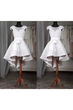 Square A-line High-low Short Sleeve Satin Wedding Dress with Zipper Back-715568