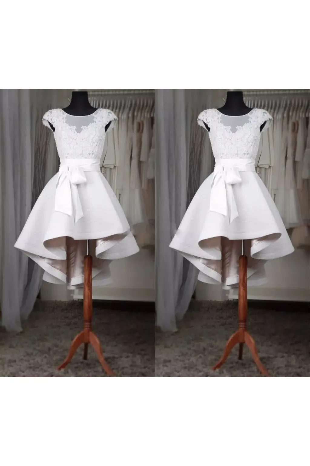 Square A-line High-low Short Sleeve Satin Wedding Dress with Zipper Back-715568