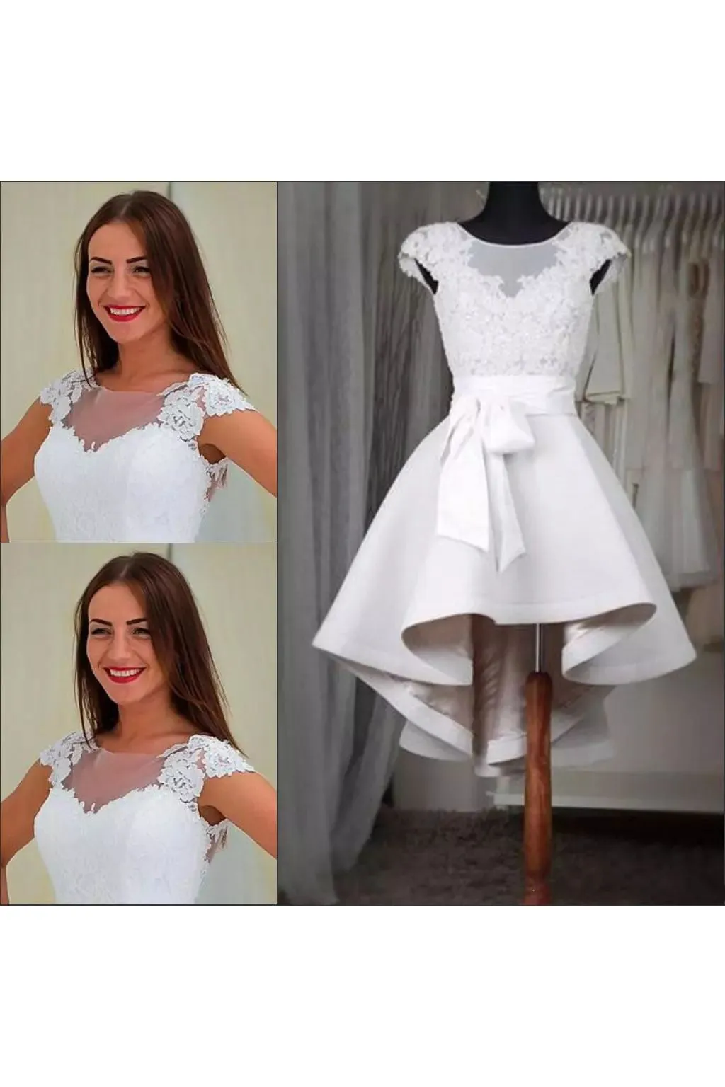 Square A-line High-low Short Sleeve Satin Wedding Dress with Zipper Back-715568