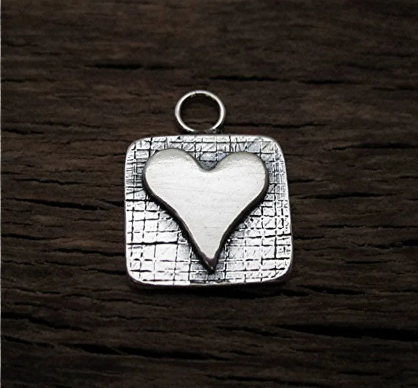 Square Artisan Heart Charm and Pendant in Sterling Silver (one charm)