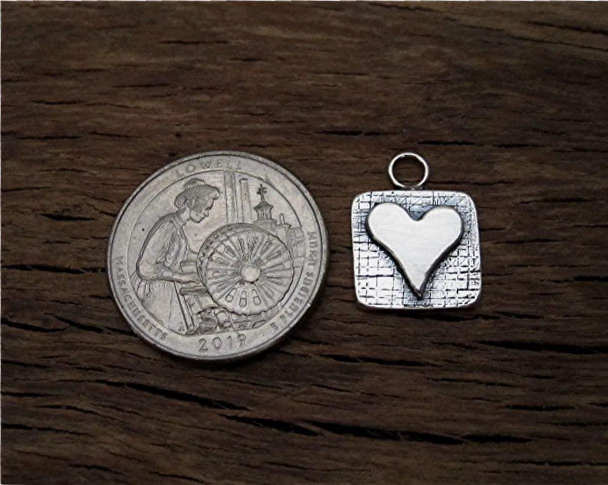 Square Artisan Heart Charm and Pendant in Sterling Silver (one charm)
