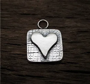 Square Artisan Heart Charm and Pendant in Sterling Silver (one charm)