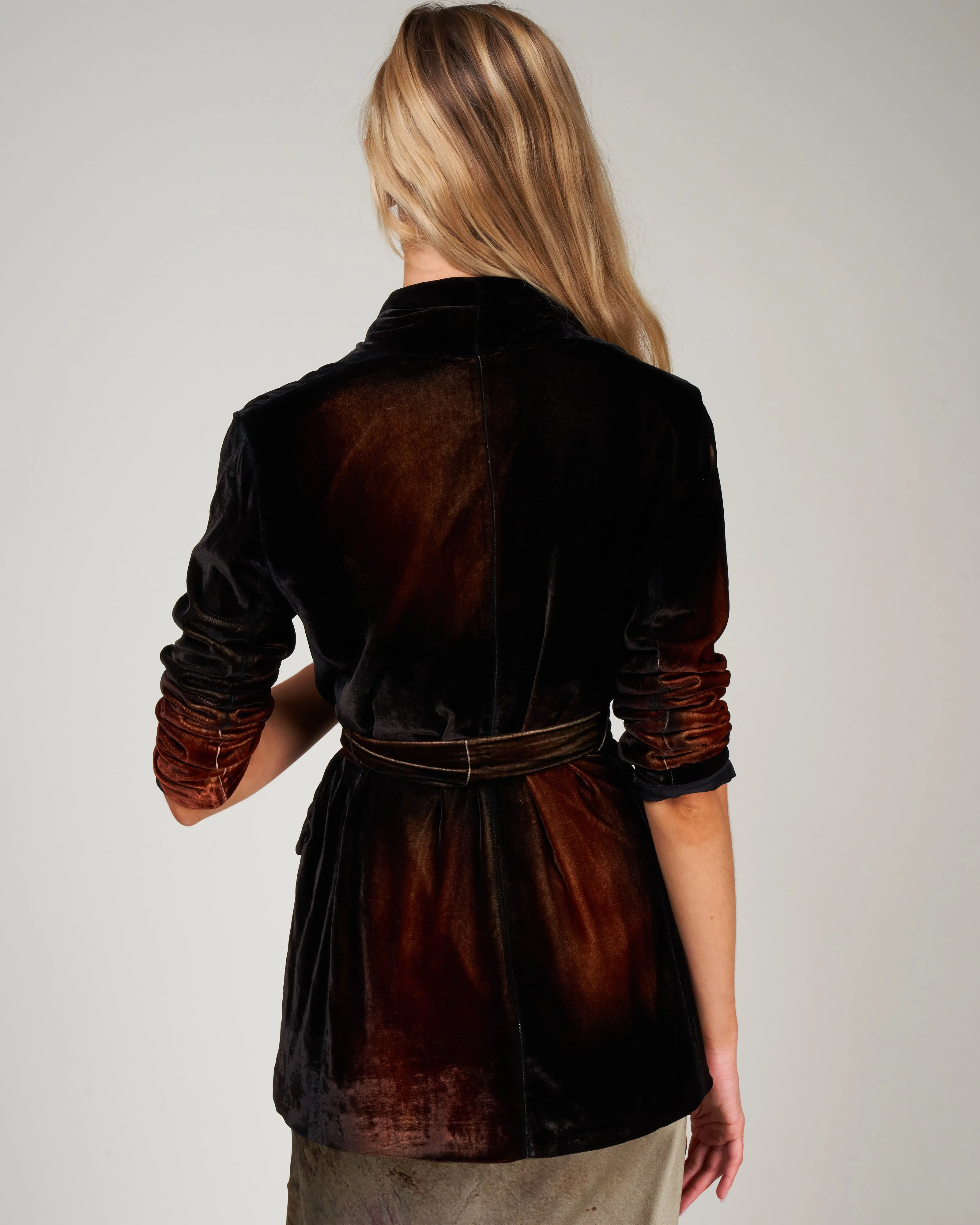 stretch velvet jacket with shadows and belt - cioccolato