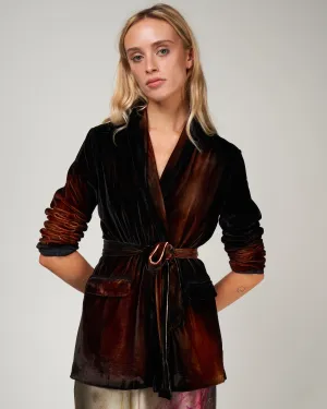 stretch velvet jacket with shadows and belt - cioccolato