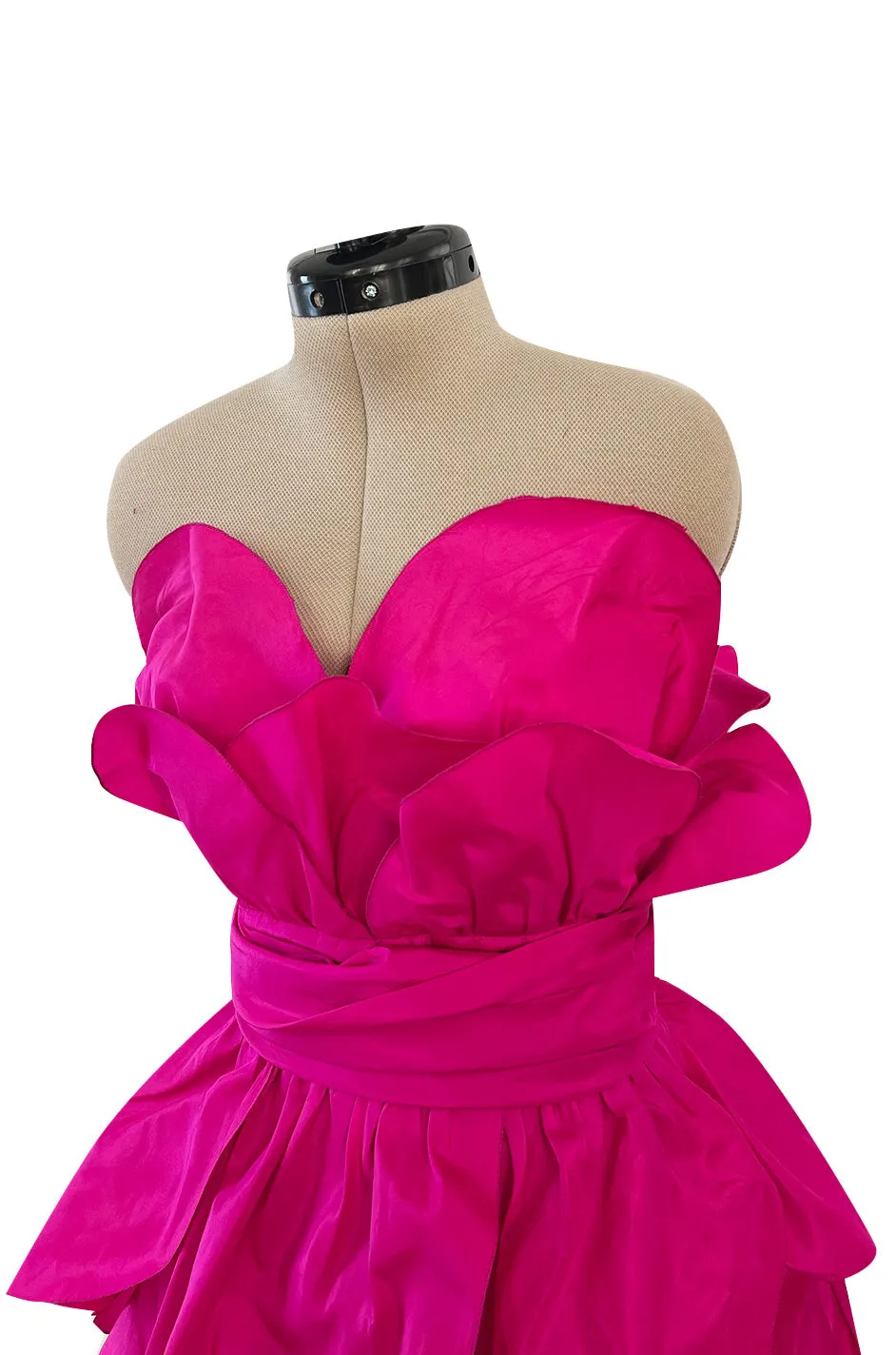 Stunning 1980s Loris Azzaro Strapless Bright Pink Silk Taffeta Layered 'Petal' Dress