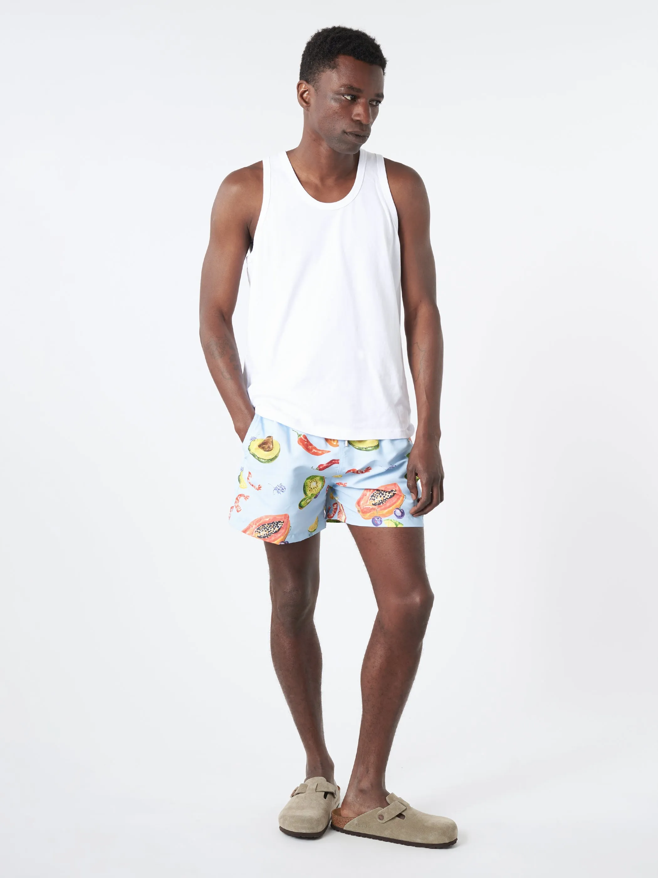 Tropical Fruit Print Long Swim Shorts