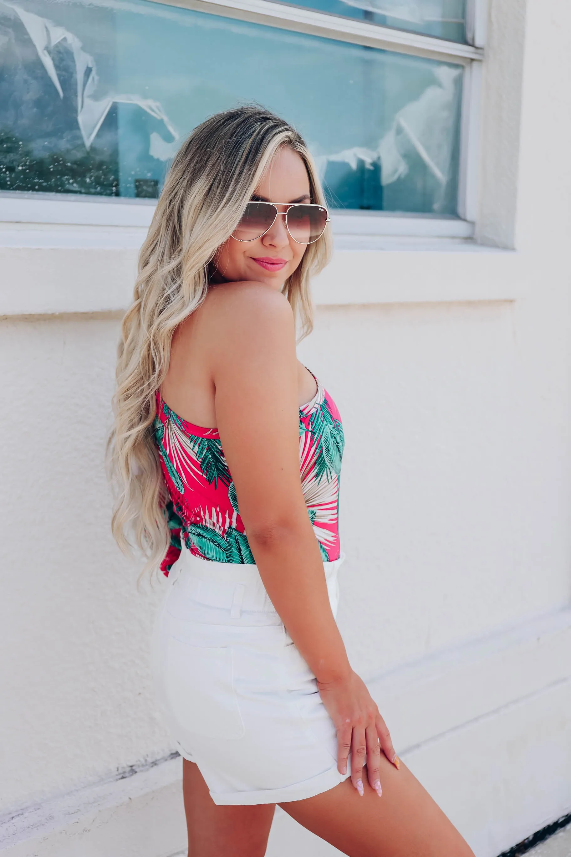 Tropical One Shoulder Bodysuit - Magenta
