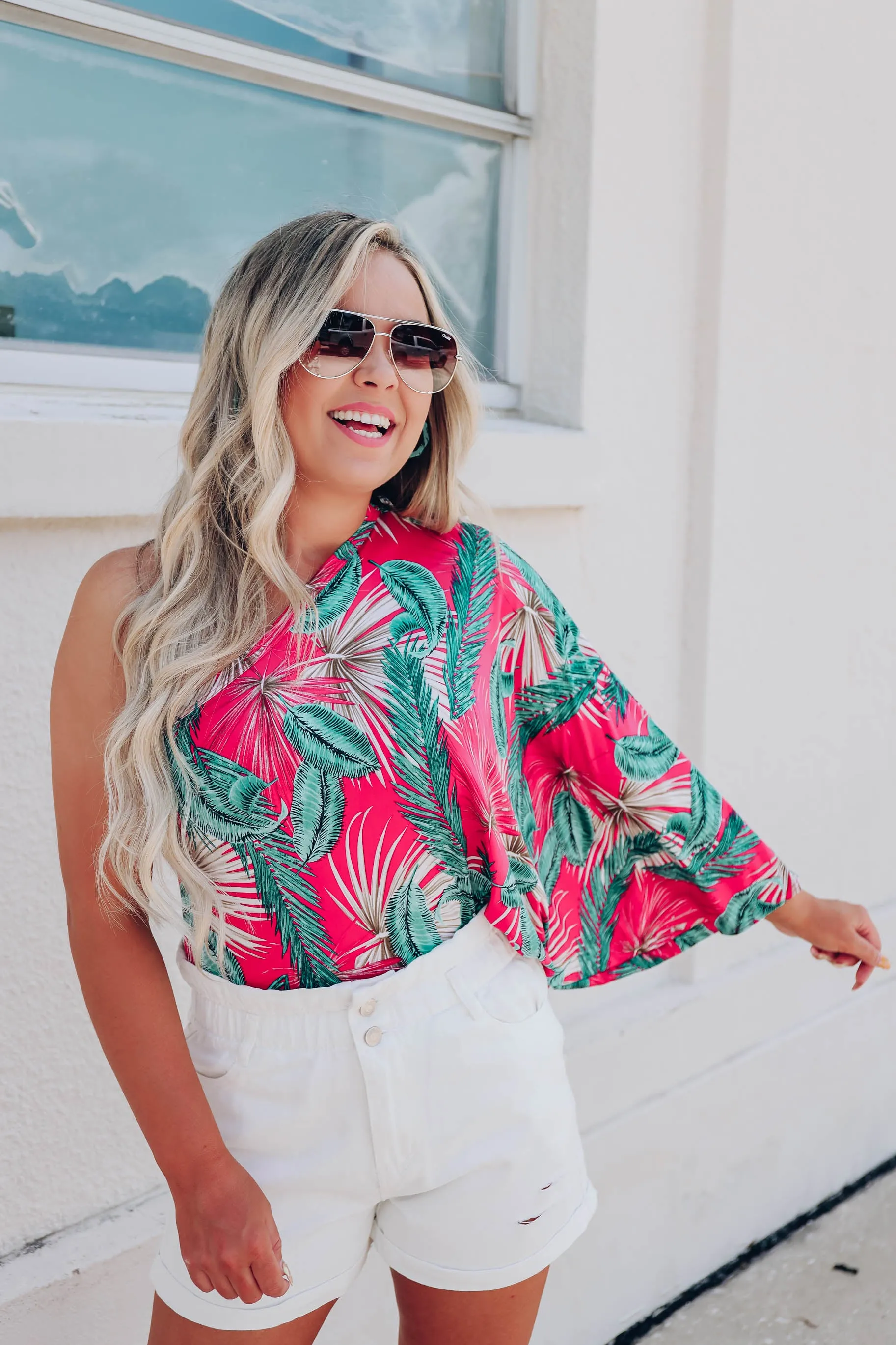 Tropical One Shoulder Bodysuit - Magenta