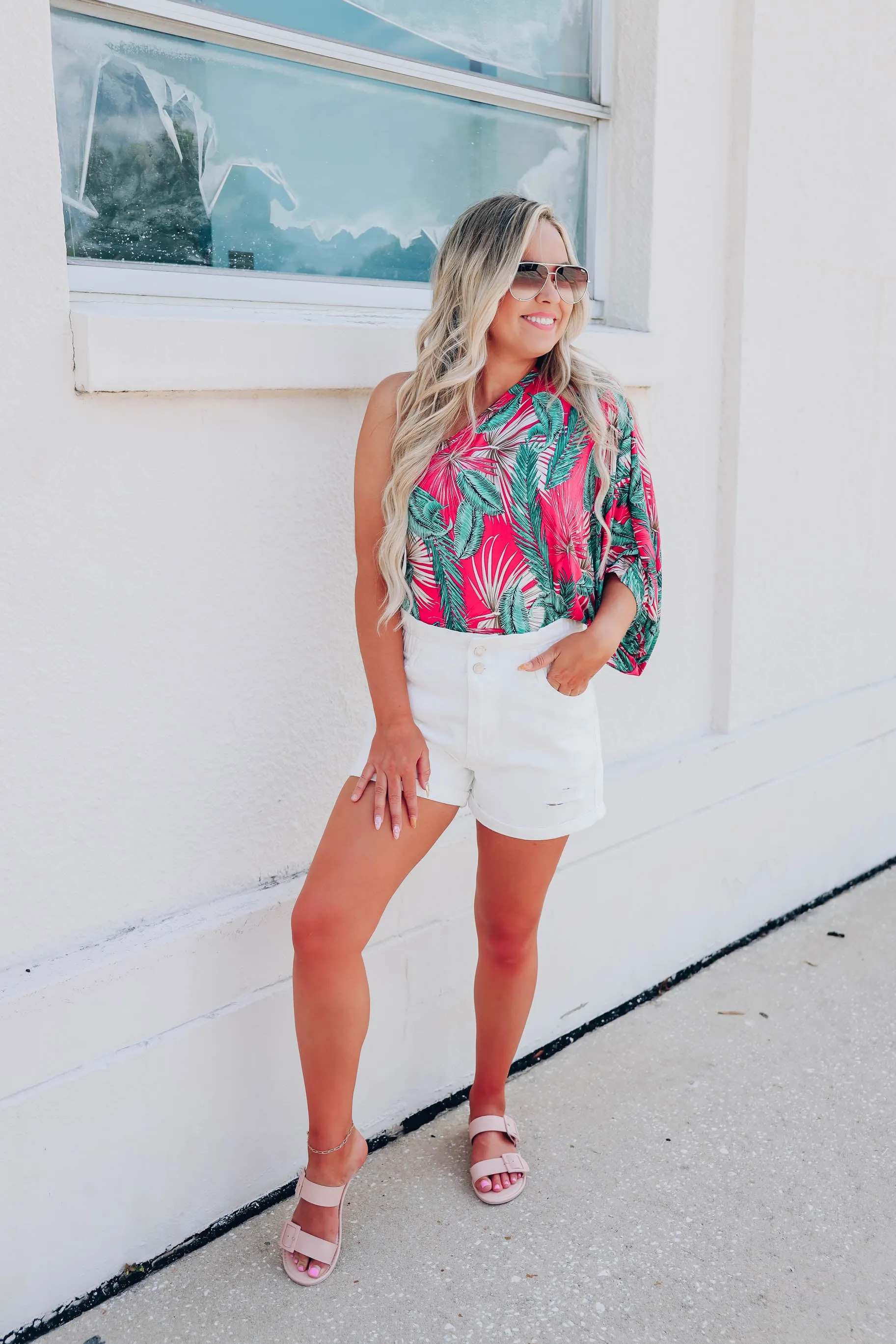 Tropical One Shoulder Bodysuit - Magenta