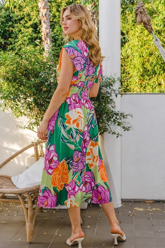 TROPICAL PRINT ELASTIC WAIST V-NECK SS DRESS