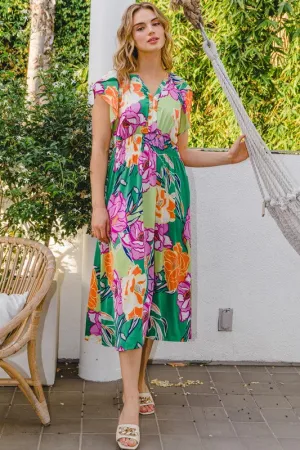 TROPICAL PRINT ELASTIC WAIST V-NECK SS DRESS