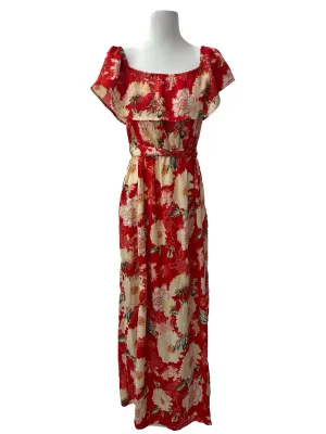 Tropical Red Floral Printed Off Shoulder Dress