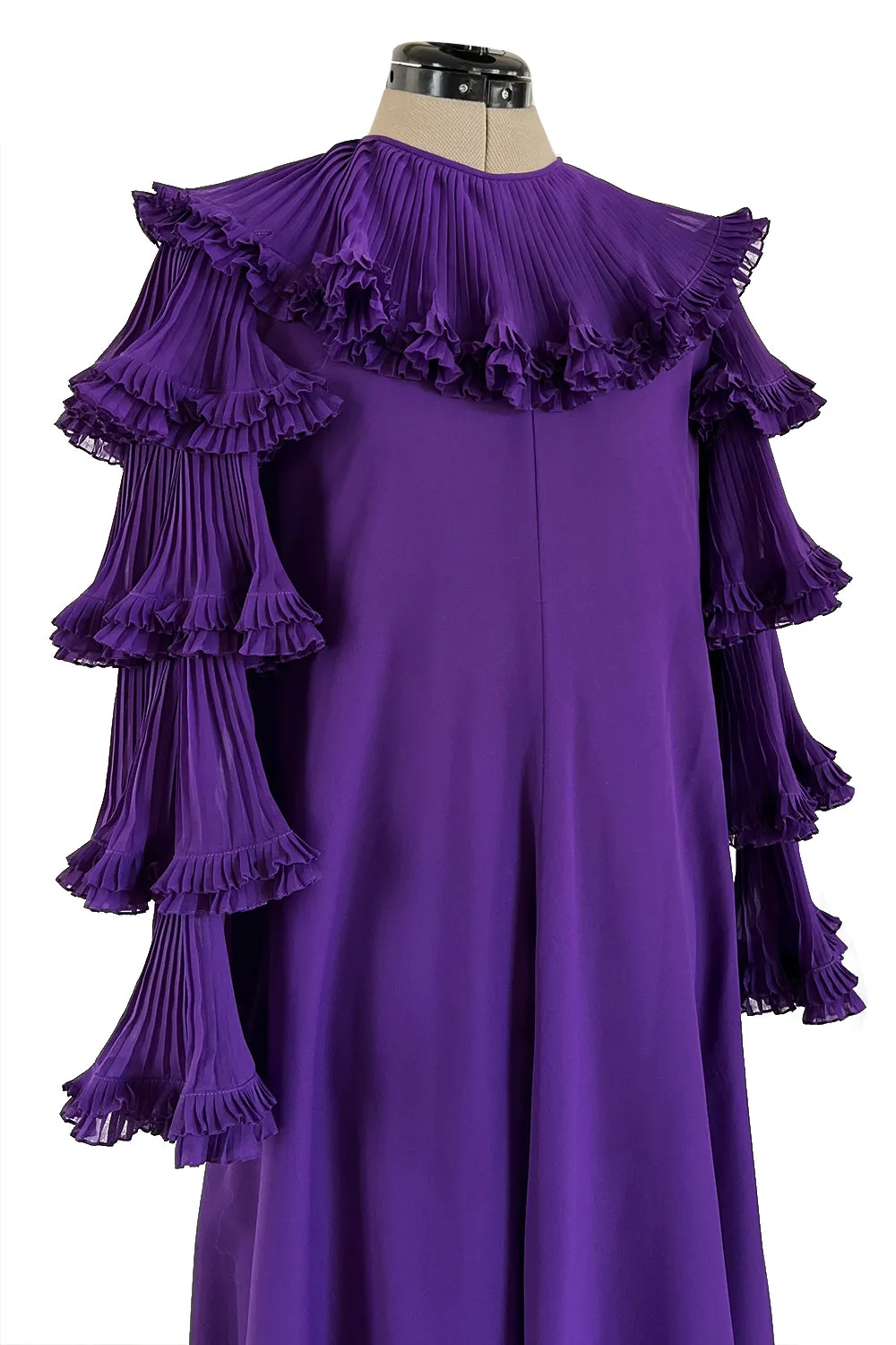 Unusual 1970s Miss Dior Purple Silk Chiffon Tiered & Pleated Sleeve Caftan Dress