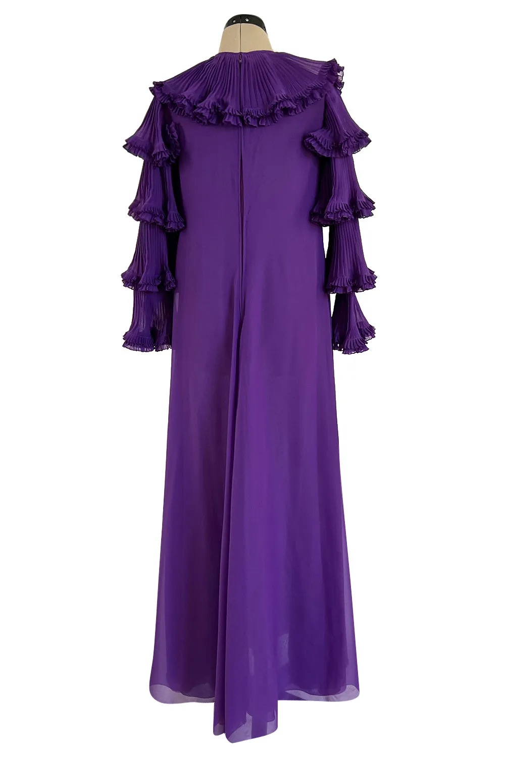 Unusual 1970s Miss Dior Purple Silk Chiffon Tiered & Pleated Sleeve Caftan Dress