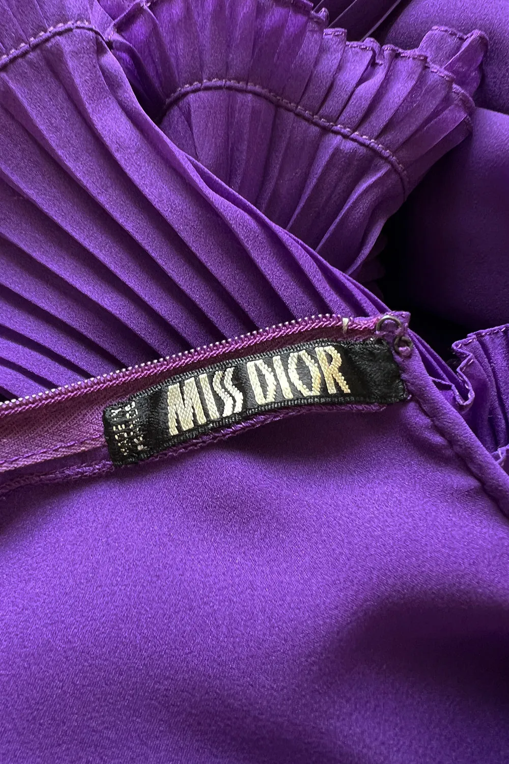 Unusual 1970s Miss Dior Purple Silk Chiffon Tiered & Pleated Sleeve Caftan Dress