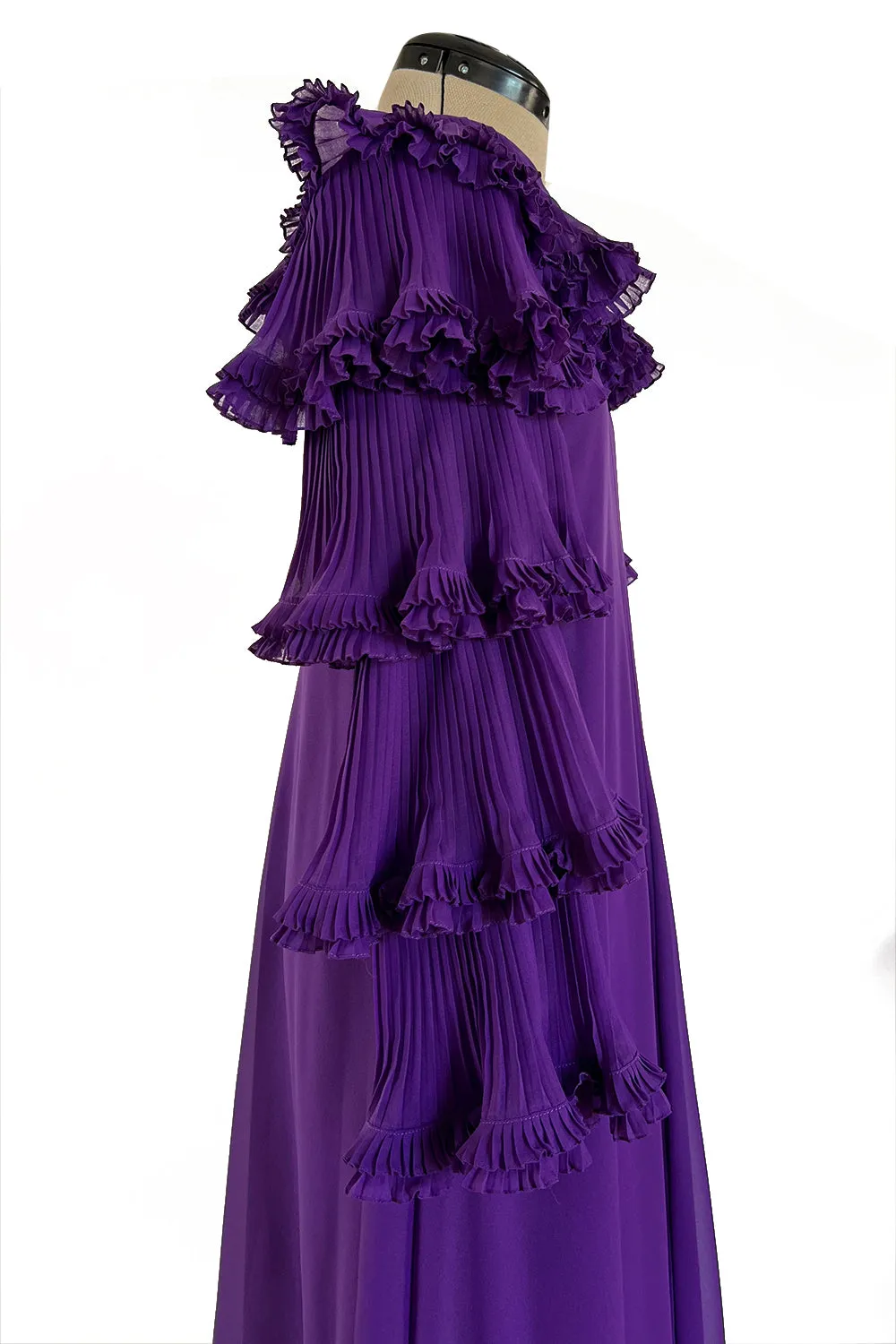 Unusual 1970s Miss Dior Purple Silk Chiffon Tiered & Pleated Sleeve Caftan Dress