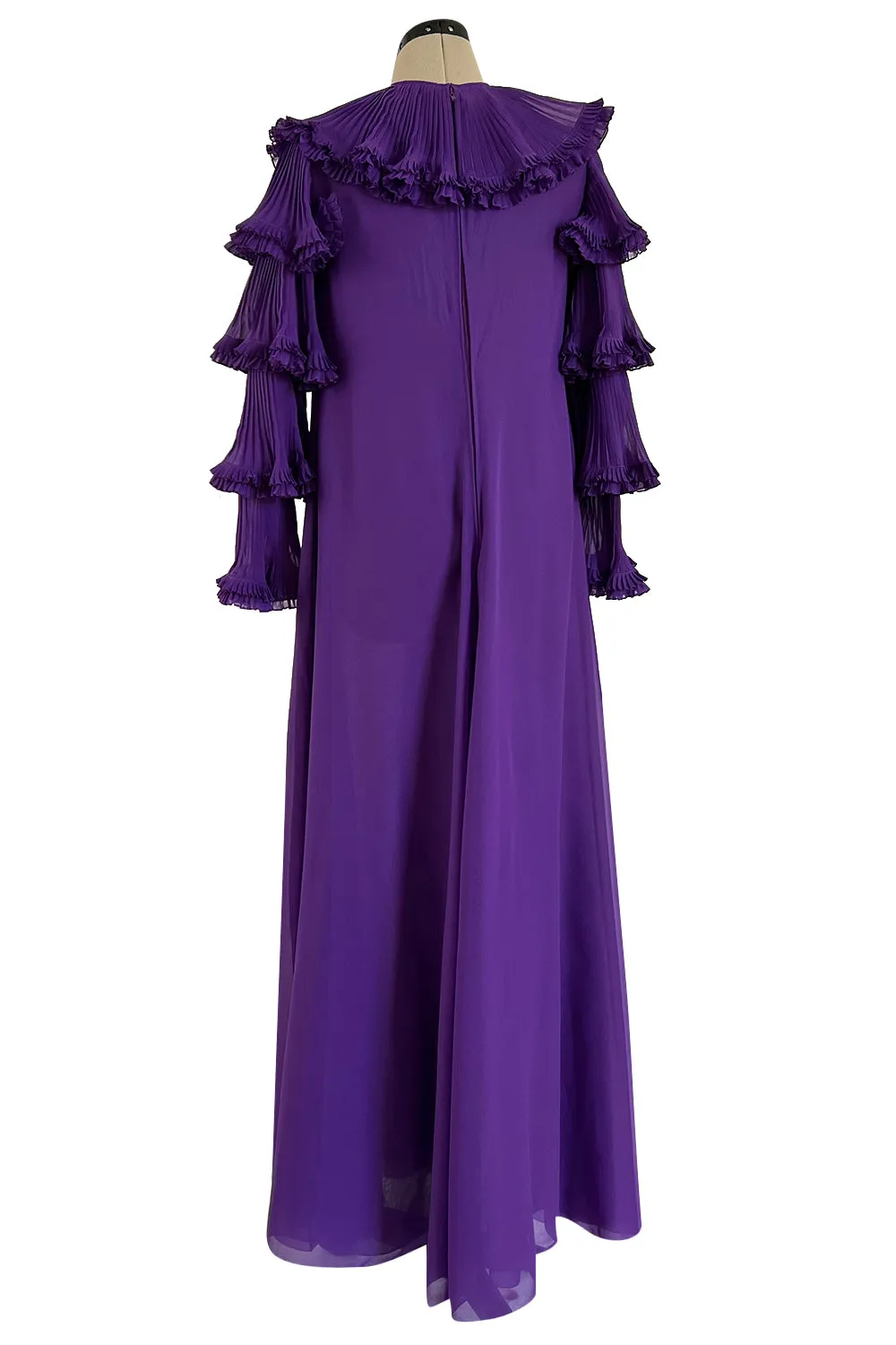 Unusual 1970s Miss Dior Purple Silk Chiffon Tiered & Pleated Sleeve Caftan Dress