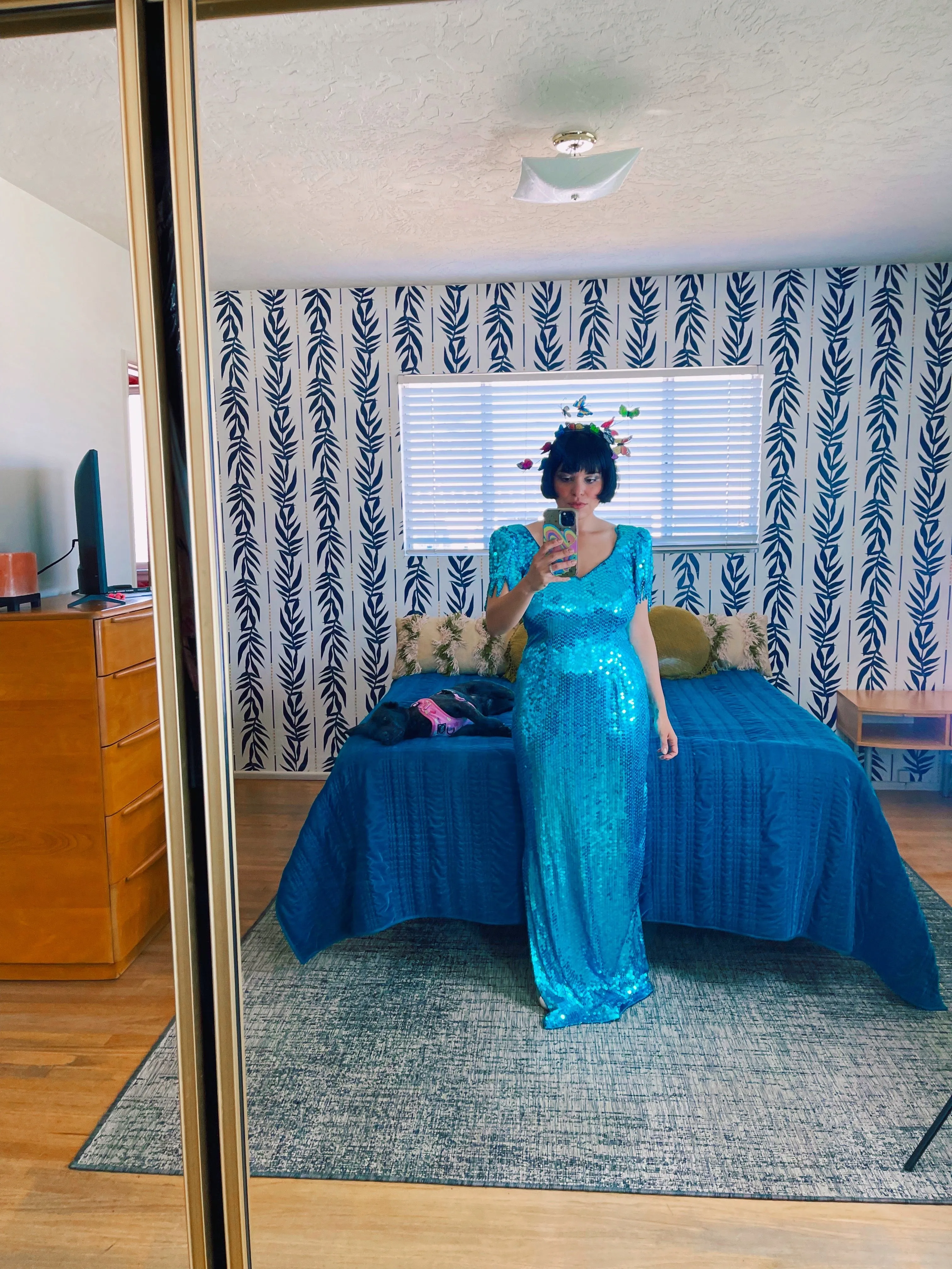 Vintage 80s "Ted Lapidus Paris" Avant Garde Teal Blue Sequins Stretchy Gown Fits Sizes S-M