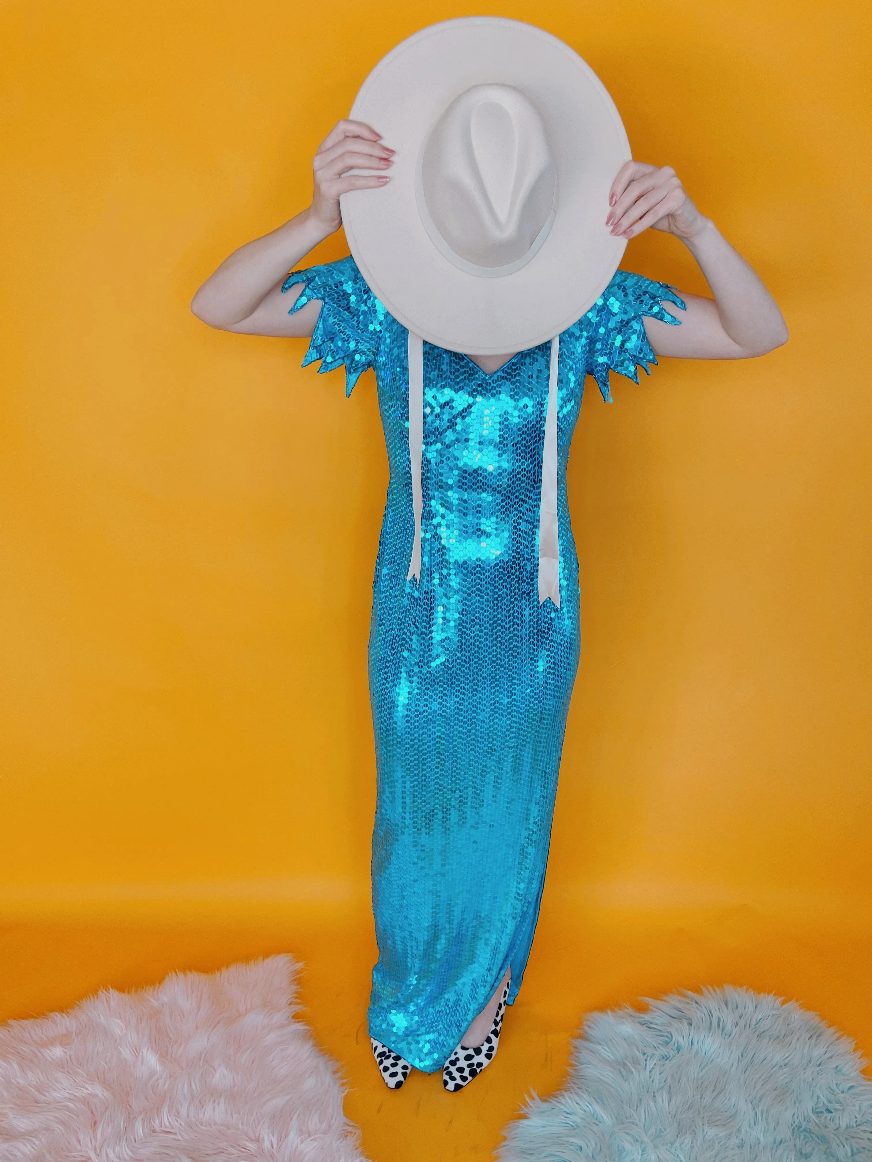 Vintage 80s "Ted Lapidus Paris" Avant Garde Teal Blue Sequins Stretchy Gown Fits Sizes S-M