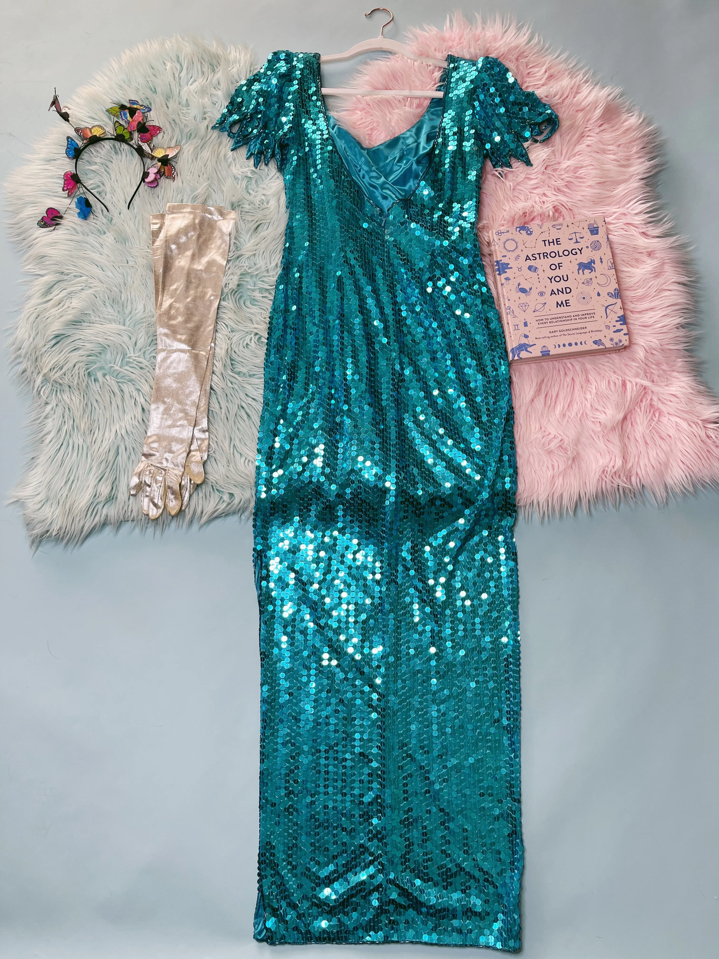 Vintage 80s "Ted Lapidus Paris" Avant Garde Teal Blue Sequins Stretchy Gown Fits Sizes S-M