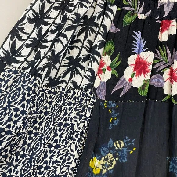 Vintage ARTSY Maxi Skirt M L Patchwork TROPICAL FLORAL Flowy PEASANT