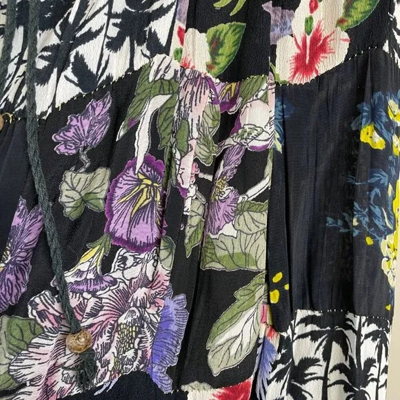 Vintage ARTSY Maxi Skirt M L Patchwork TROPICAL FLORAL Flowy PEASANT