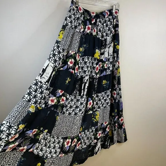 Vintage ARTSY Maxi Skirt M L Patchwork TROPICAL FLORAL Flowy PEASANT