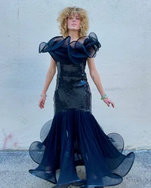 Vintage Lillie Rubin Black Sequin Mermaid Gown With Stunning Swirls