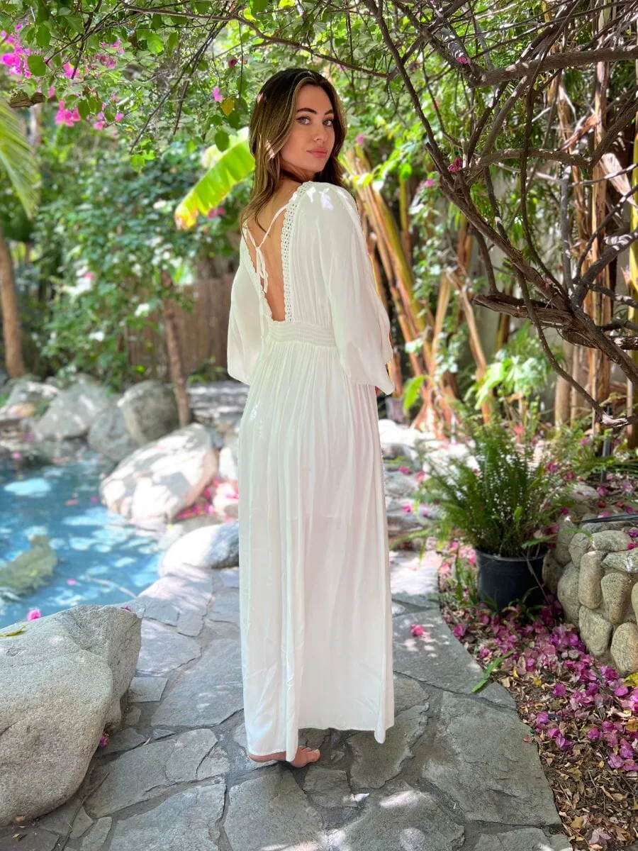 WOMEN'S 3/4 SLEEVE V-NECK TRIM DETAILED OPEN BACK MAXI DRESS