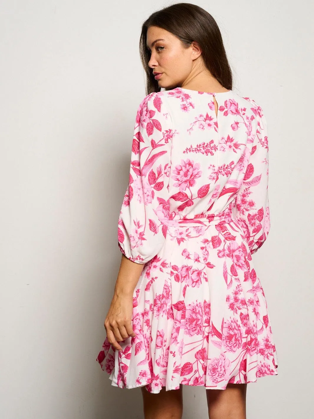 WOMEN'S 3/4 SLEEVES SELF TIE FLORAL MINI DRESS