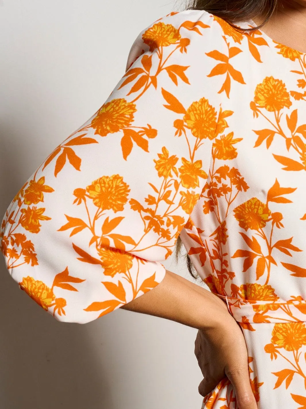 WOMEN'S 3/4 SLEEVES SELF TIE FLORAL MINI DRESS