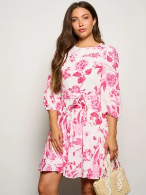 WOMEN'S 3/4 SLEEVES SELF TIE FLORAL MINI DRESS