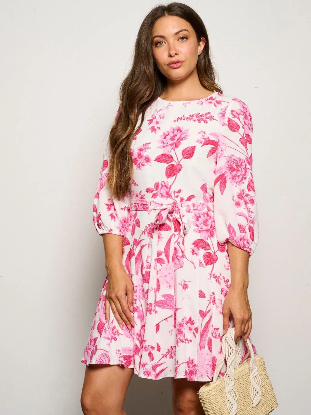 WOMEN'S 3/4 SLEEVES SELF TIE FLORAL MINI DRESS