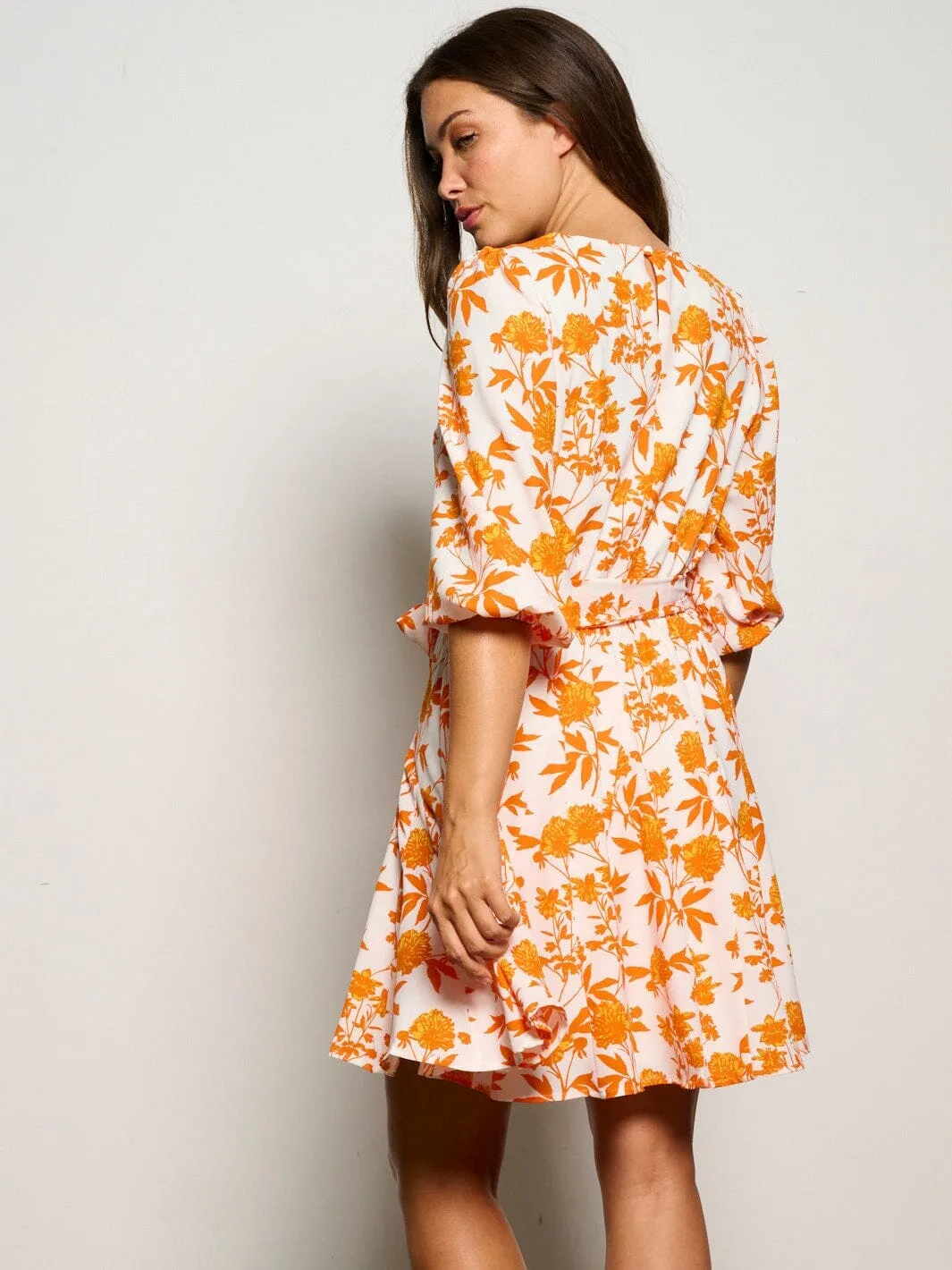 WOMEN'S 3/4 SLEEVES SELF TIE FLORAL MINI DRESS