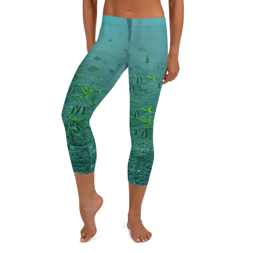 Women's Fitness/Fashion Capri Leggings - All-Over Print - Reef Fish Collection