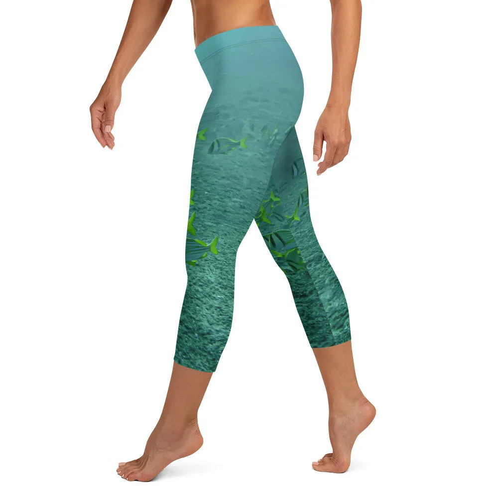 Women's Fitness/Fashion Capri Leggings - All-Over Print - Reef Fish Collection